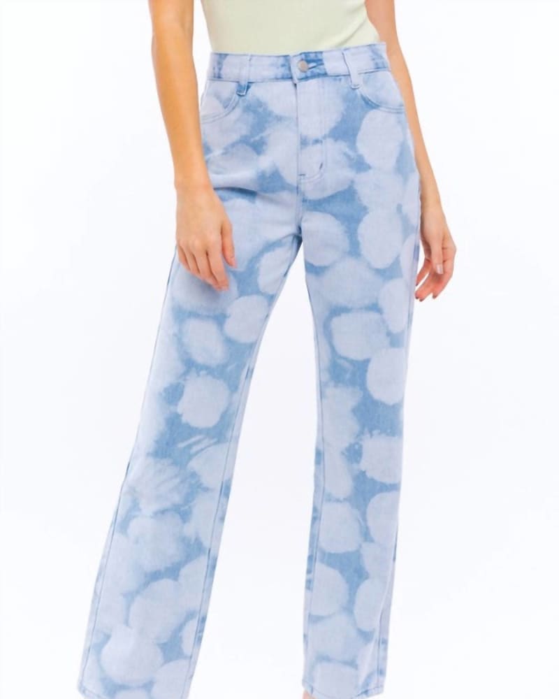 Front of a model wearing a size Large Cloudy Days High Waist Straight Leg Pant in Denim in Denim by LE LIS. | dia_product_style_image_id:338468